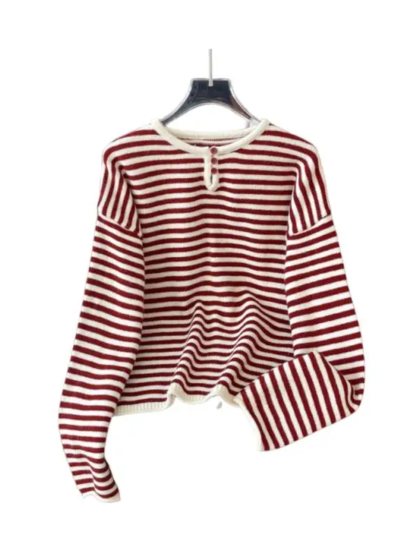 Вязаный свитер больших размеров в красную полоску для женщин 2024 осень и зима