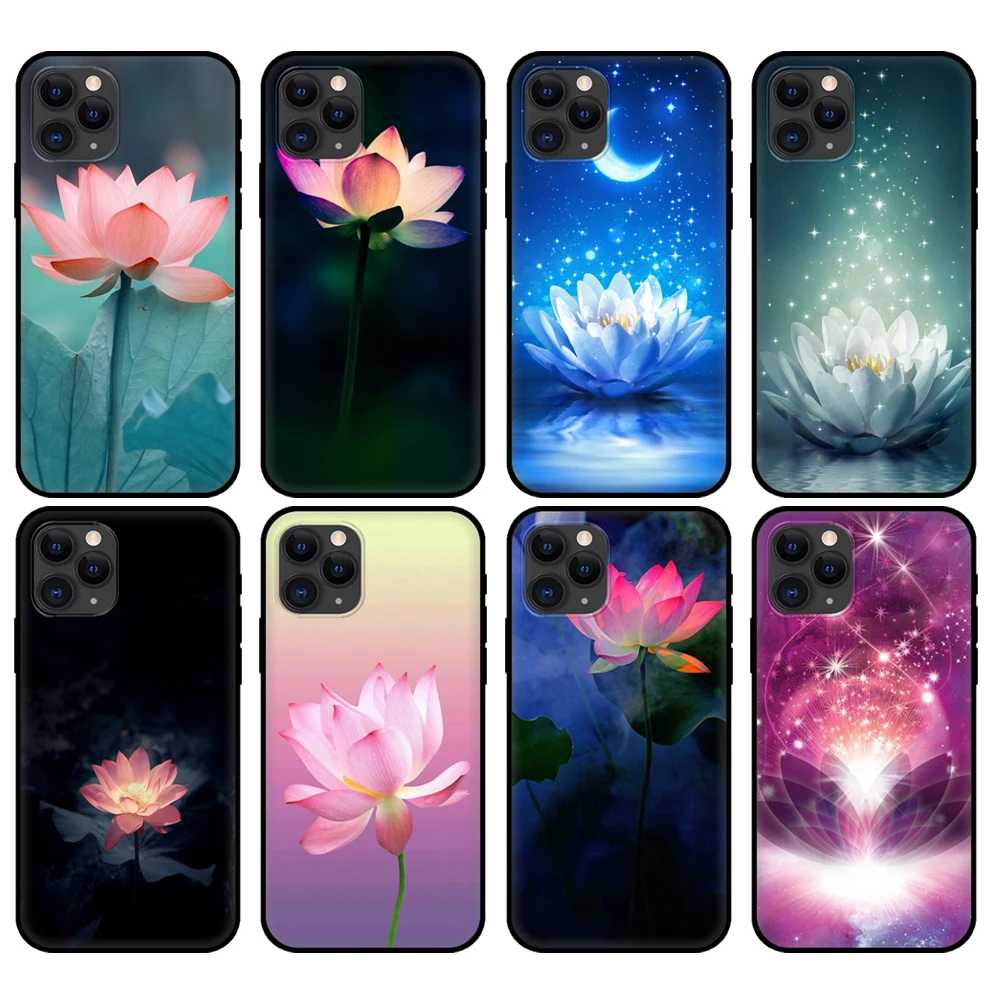 

Black tpu case for iphone 5 5s se 2020 6 6s 7 8 plus x 10 XR XS 11 12 mini pro MAX back cover Lotus Flowers