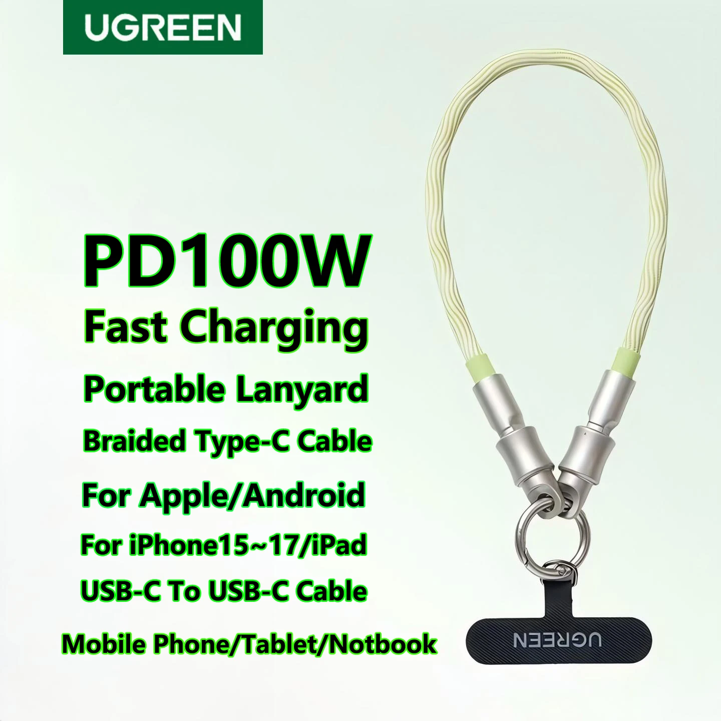 Фото UGREEN Портативный USB-кабель Type-C на Type-C с ремешком, быстрая зарядка PD100W, передача данных для Apple iPhone 17, iPad, Macbook, зарядное устройство Android 5A №1