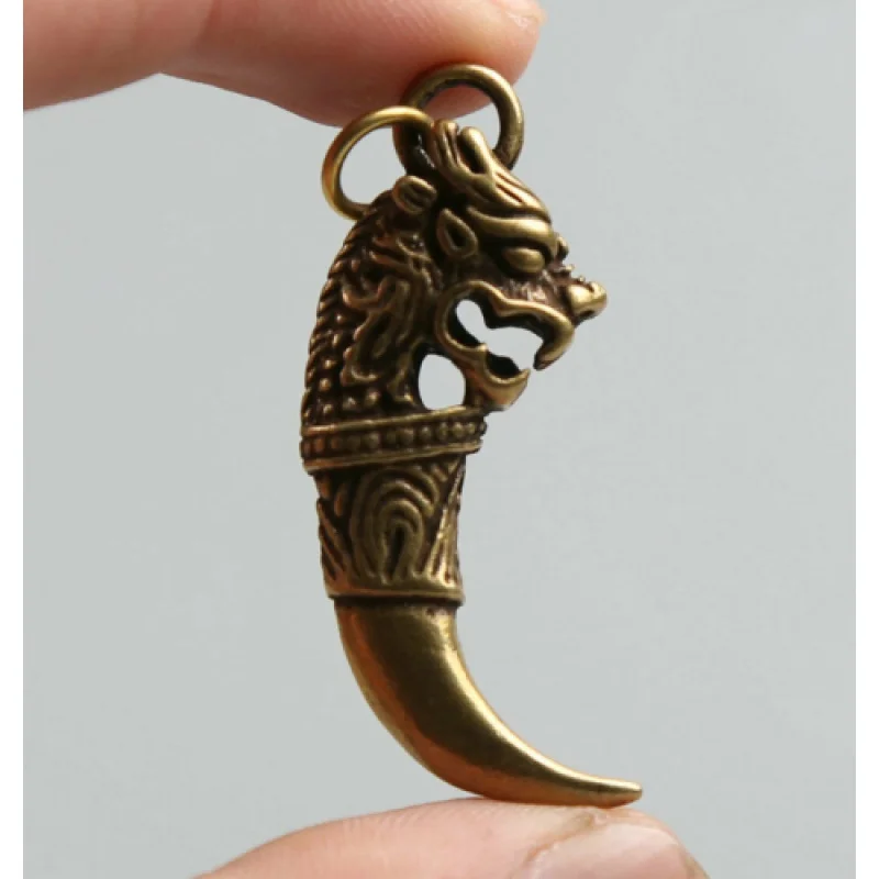 1.8";Curio Chinese Bronze Auspicious Dragon Head Tooth Shape Small Amulet Pendant