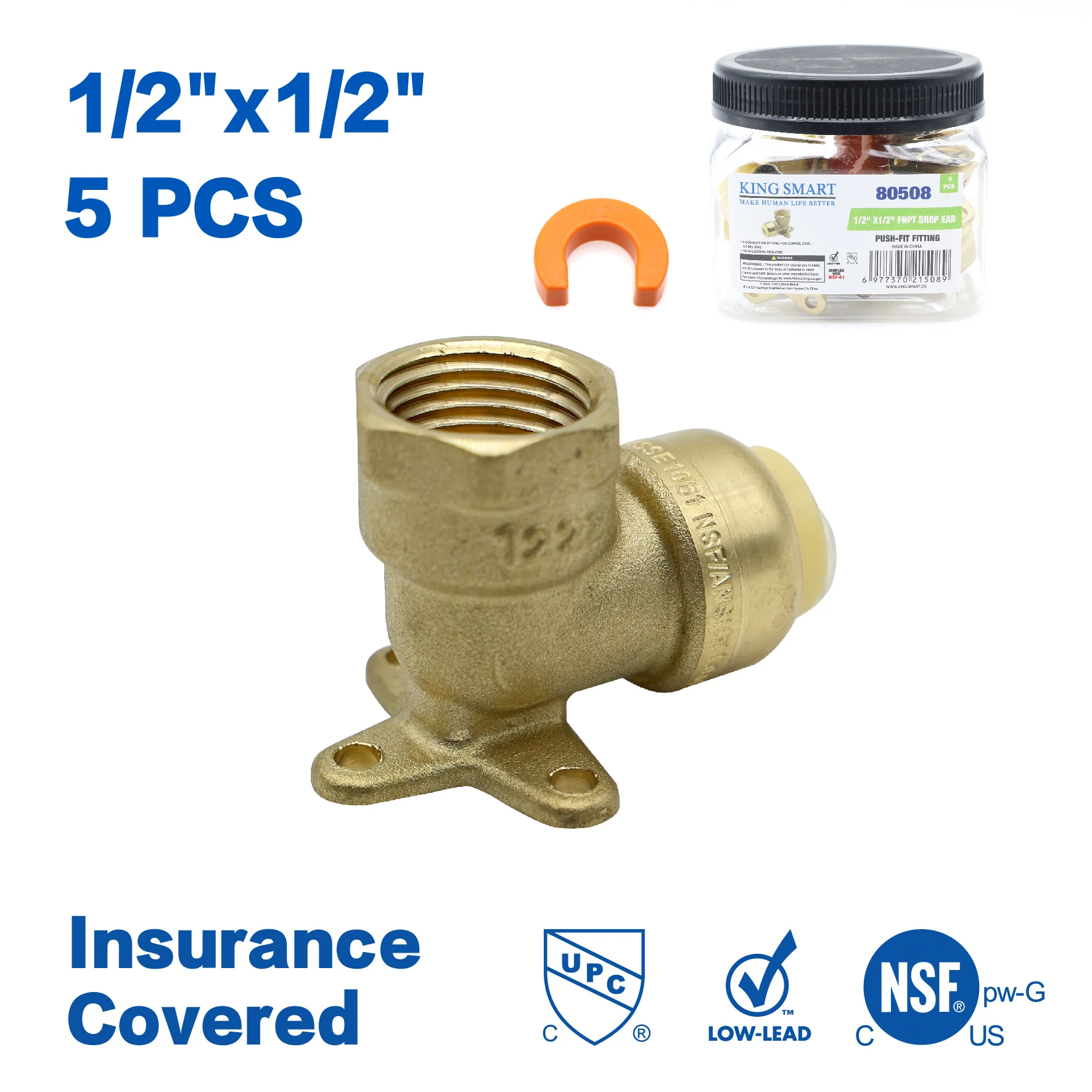 KING SMART 1/2&quot Push Fit * Женский NPT Drop Ear Ebow 5 шт./корпус 80508