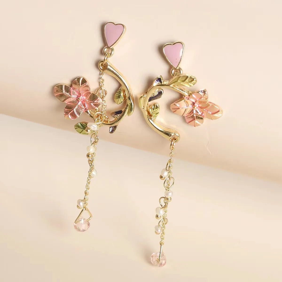 

Flower Earrings Dangle Heart Long Tassels Asymmetric Pearls Pink Crystal Pendant Jewelry For Women 2022 New Korean Luxury Gifts