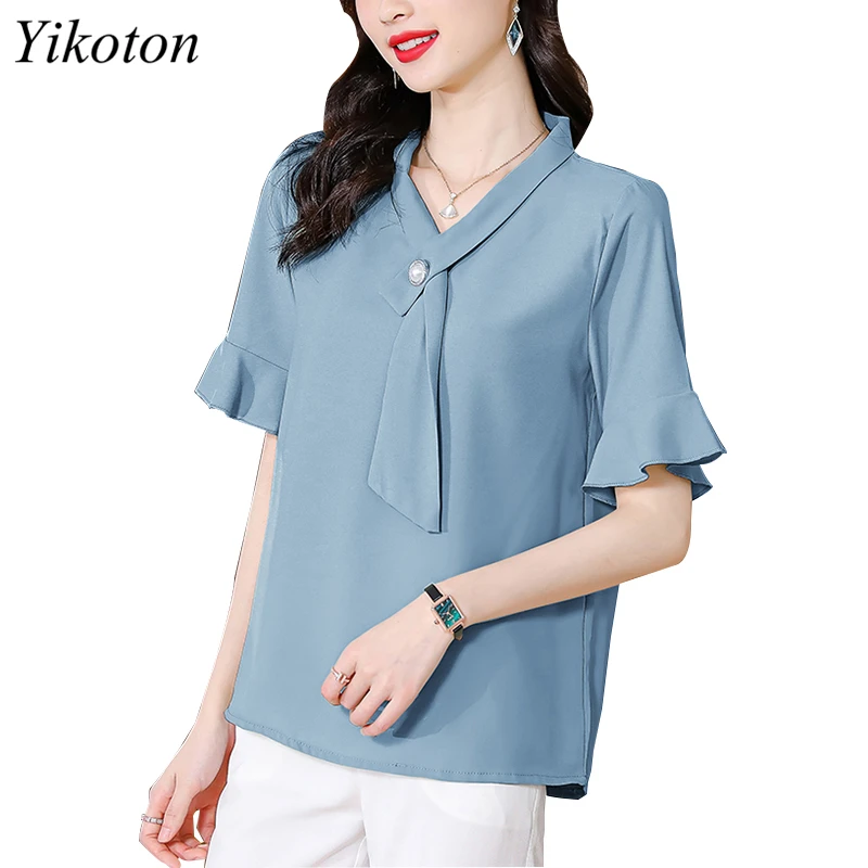 

Summer Women Casual Blouse and Shirt Chiffon Blouses Petal Sleeve V-Neck chemisier femme Loose Plus Size Chic Shirts Office Lady