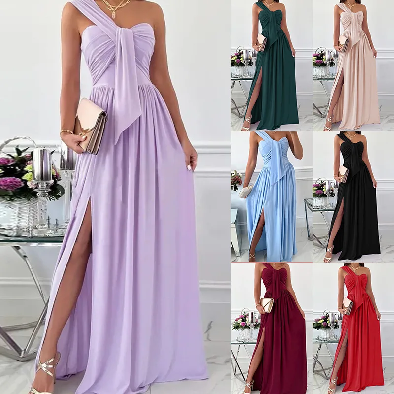 

Women's temperament solid color one shoulder sexy slip on dress