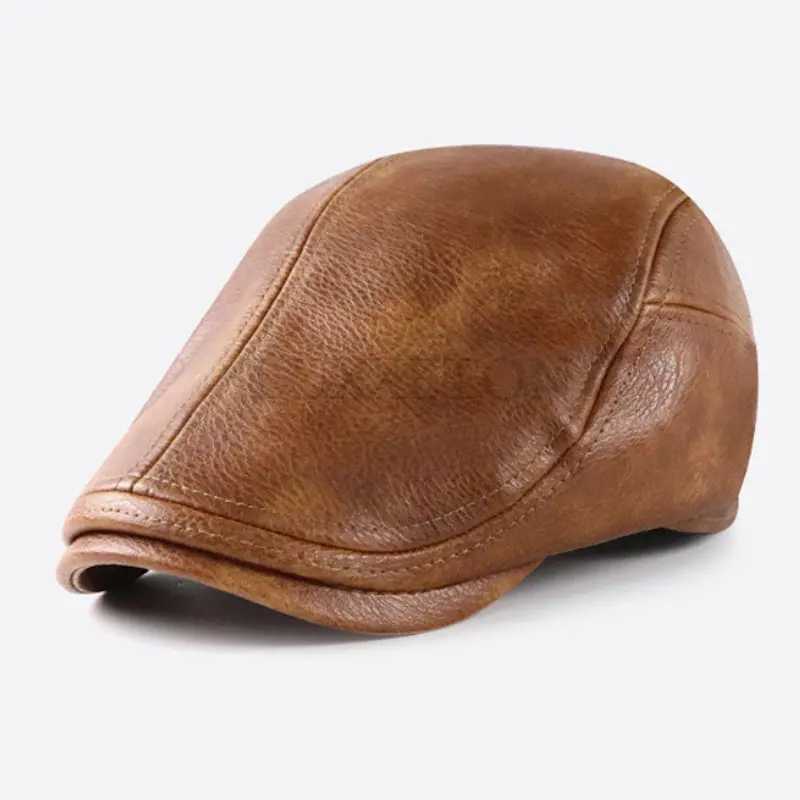 

High Quality Leather Beret Men's Autumn and Winter Cap Flat Top Hat Men's British Vintage Herringbone Cap Middle-aged Men