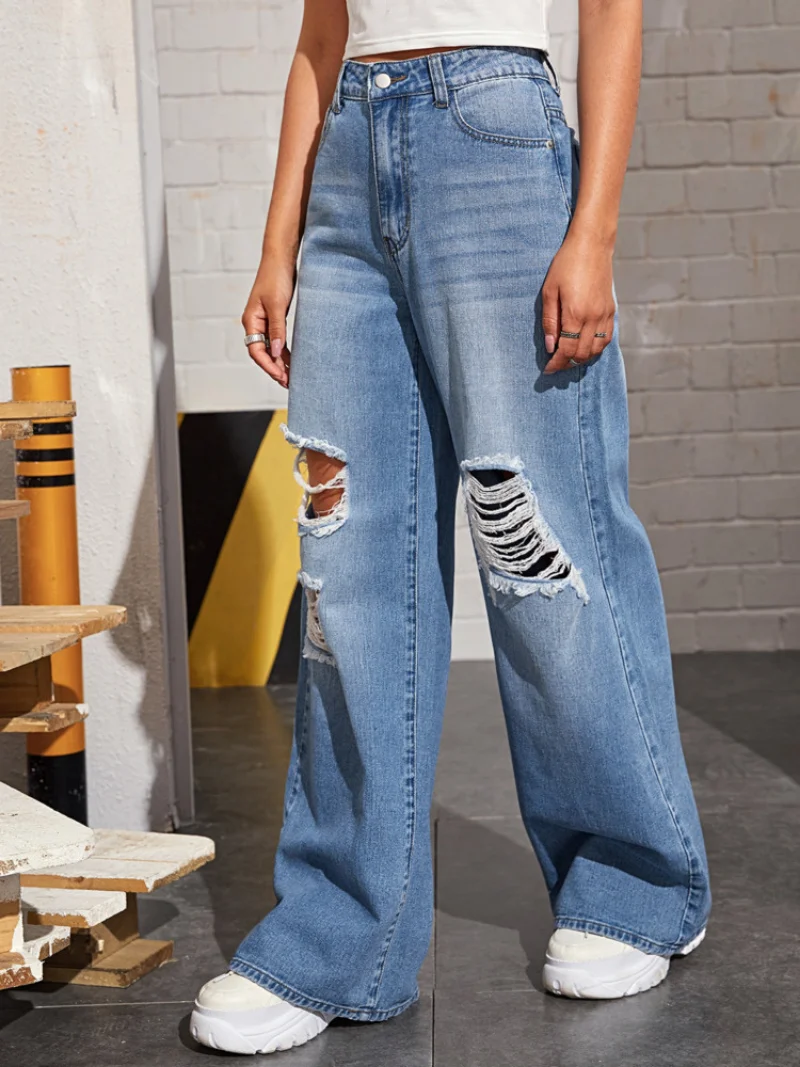 Denim High Waist Perforated Wash Fashion Jeans Women's Fashion Split Wide Leg Pants Women's Cotton Denim Loose Relaxed Mom Jeans