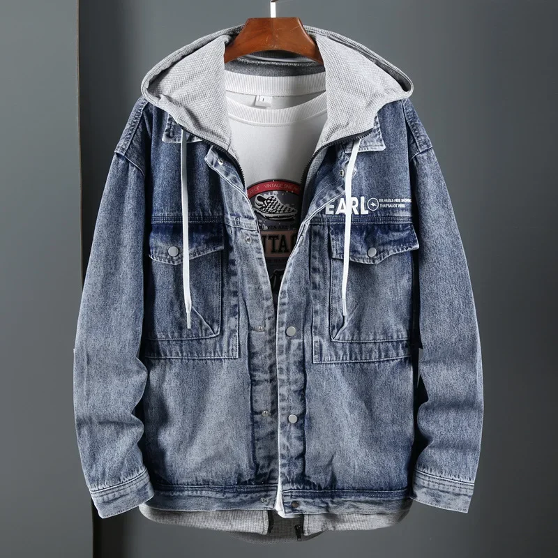 Джинсовая куртка с капюшоном для мужчин свободная клетчатая двухсекционная