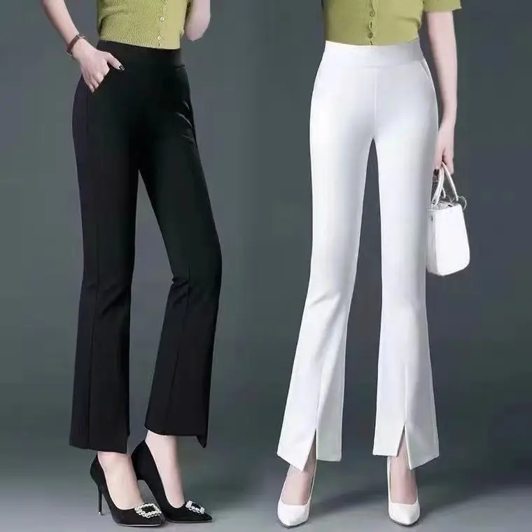 

Thin Woman Ankle Length Trousers Office Lady Fashion Pocket High Waist Elastic Splicing Female 2023 Summer New Flare Pants M449