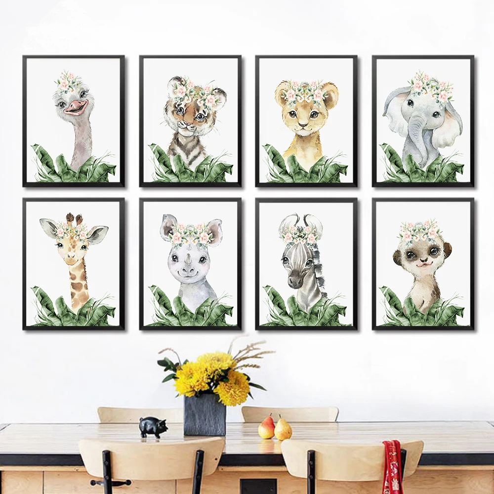 

Животные в джунглях, искусство стен, скандинавский цветок, холст, картина с зелеными листьями, тигр, слон, картина, декор для гостиной