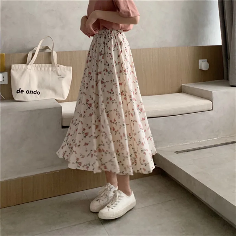 

Vintage A-line Skirts Floral Print Pleated Long Skirts Summer Women New Korean Skirt Harajuku Streetwear Elastic Waist MidiSkirt