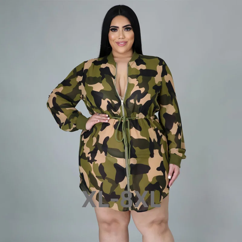 Plus Size New Women's Camouflage Printing Strap Slim Fit Relaxed Fashion Large Size Dress with Waist Clos 3xl 4xl 5xl 6xl