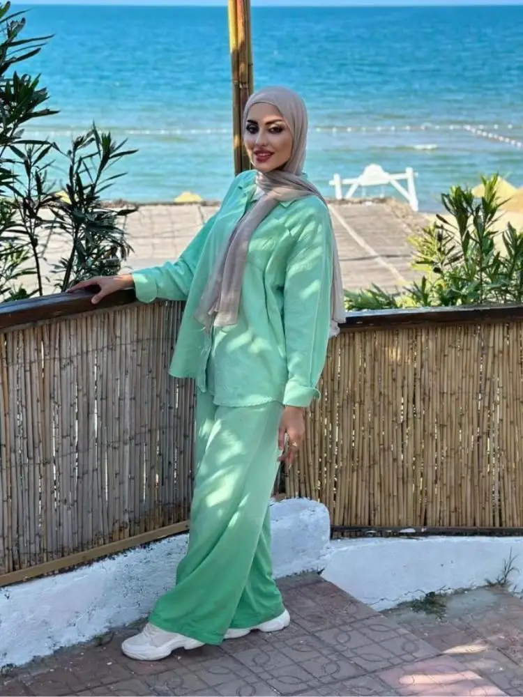 

Женский однотонный комплект из двух предметов, рубашка с длинным рукавом и свободные брюки с широкими штанинами