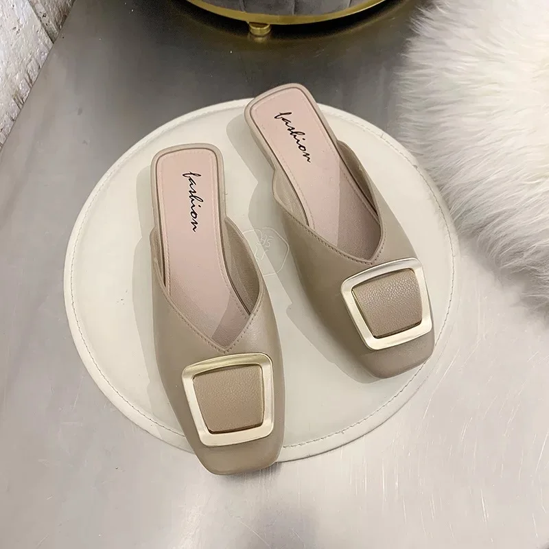Mules for Flat Shoes for Womens Summer Classic Mule Women Shoe Casual Square Toe Female Half Slipper Ladies Low Heel Mule