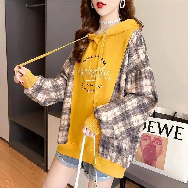 

Women's Clothing 2023 Office Lady Simplicity Printing Patchwork Lacing Drawstring Fashion Loose Long Sleeve Hoodies Pullovers