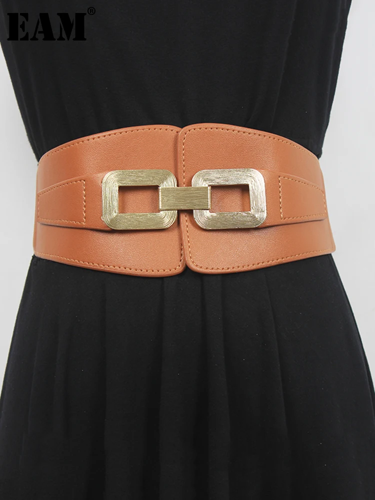 

[EAM] Pu Leather Camel Irregular Buckle Elastic Wide Belt Personality Women New Fashion All-match Spring Autumn 2022 1DE7447