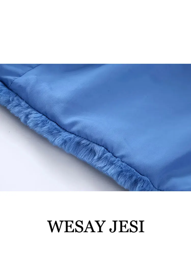 WESAY JESI Women's Winter Clothing Blue Faux Fur Lapel Cropped Jacket Long Sleeve Warm Loose Coats Female Casual Chic Outerwear