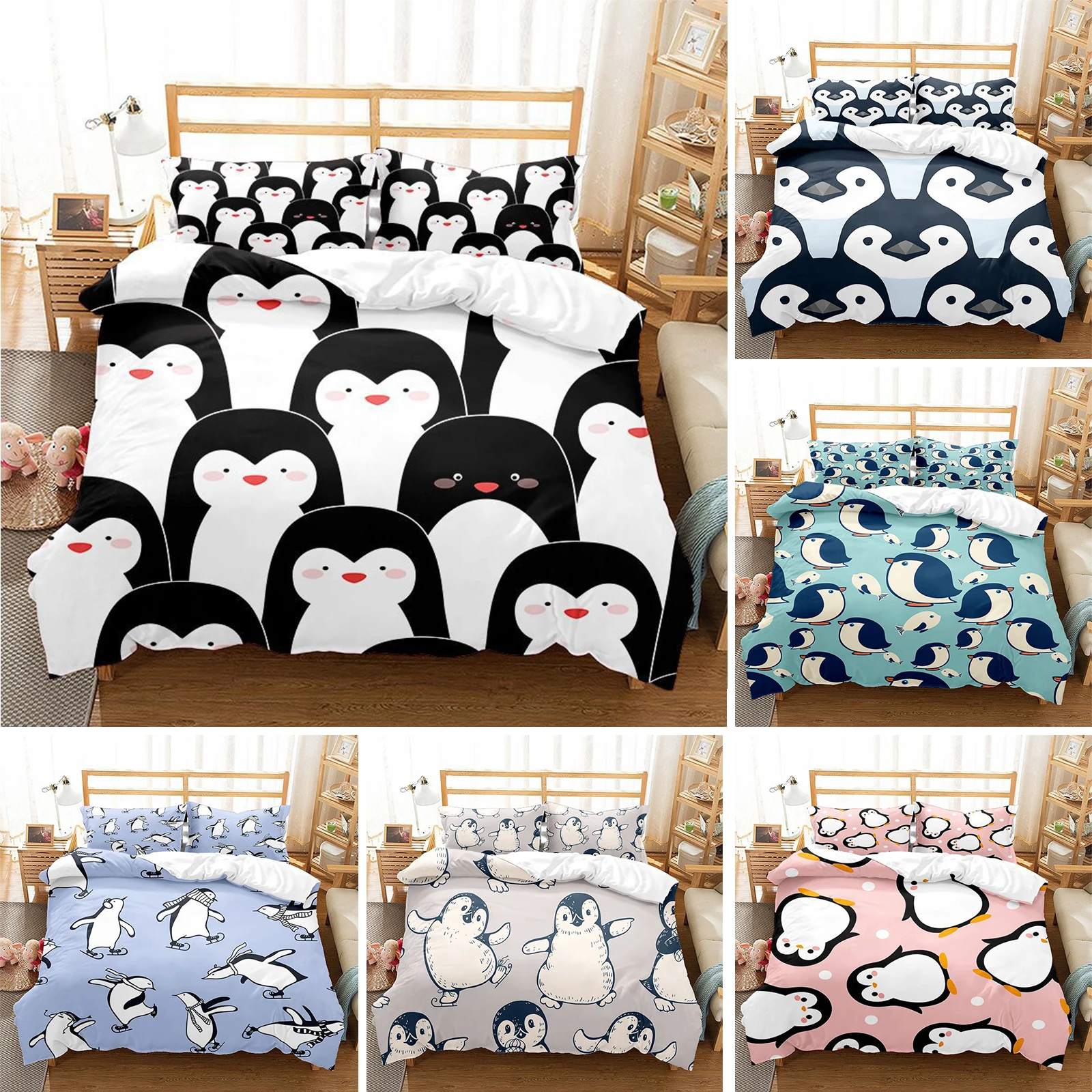 

Комплект постельного белья с милым пингвином, комплект с пододеяльником и мультяшными животными, для мальчиков и девочек, украшение для комнаты, одеяло с принтом, наволочки