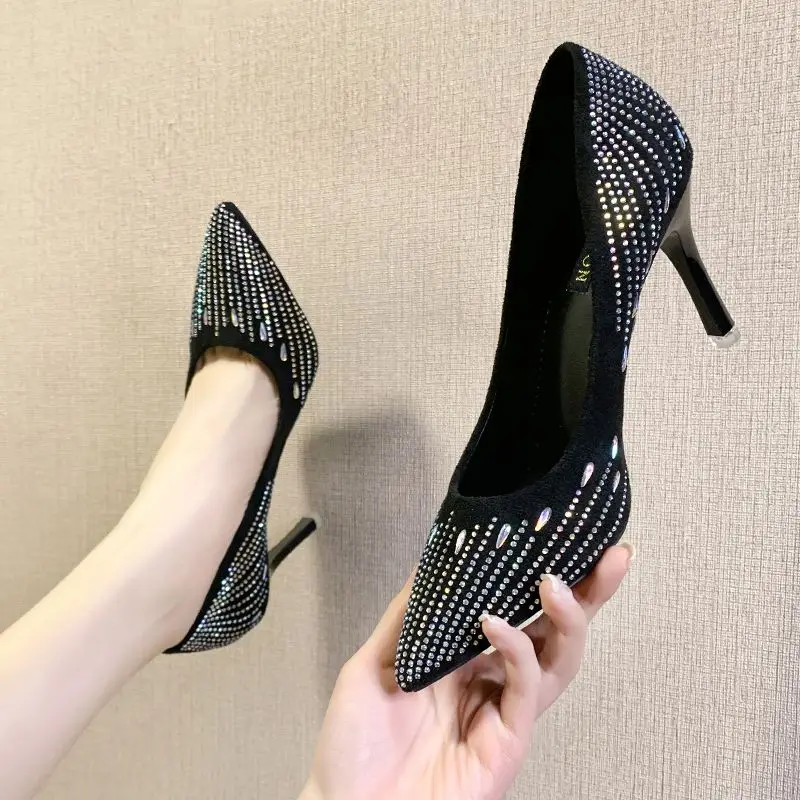 

FHANCHU 2023 Spring/Fall New Rhinestone Shallow Shoes,Women Pumps,Sexy High Heels,Pointed Toe,Slip On,Black,Beige,Dropship