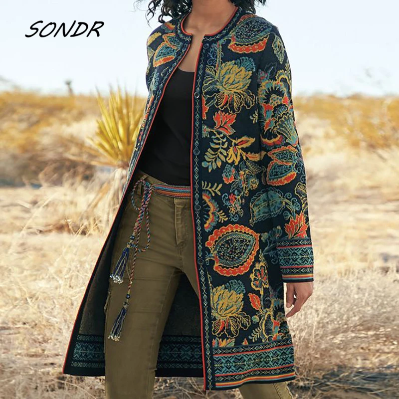 

2022 Women Fall Coats Vintage Print O Neck Bohemian Style Long Coat