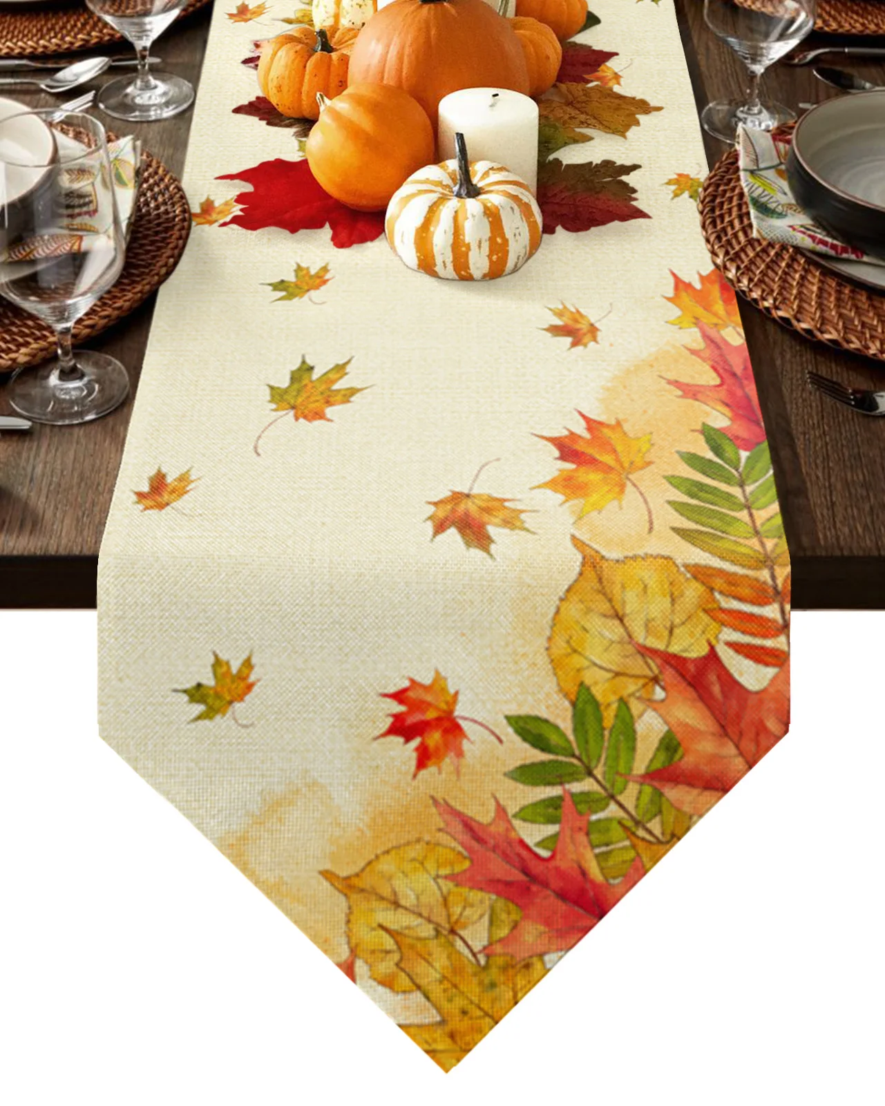 

Fall Orange Watercolor Maple Leaf Retro Table Runners Festival Party Tablecloths Wedding Decoration Cotton Linen Table Runner