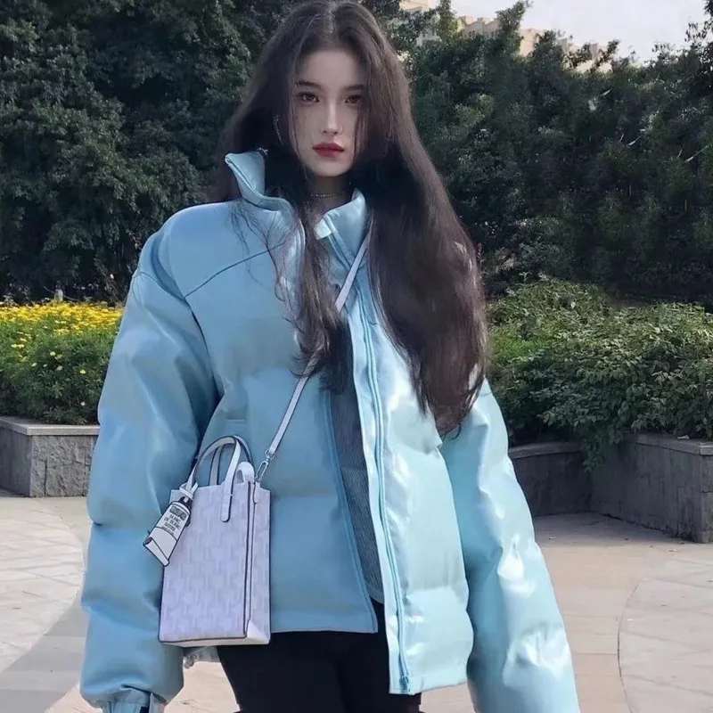 

Winter Jacket Women Korean Fashion Pu Leather Waterproof Bread Cotton Padded Coat Loose Warm Thickened Stand Collar Outwear