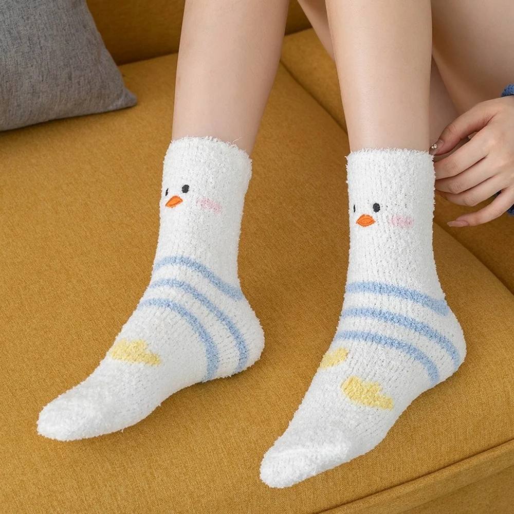 5 Pairs New Winter Cute Duck Warm Coral Fleece Socks Plus Velvet Thickened Cotton Women Socks At Home Soft Sleep Floor Socks
