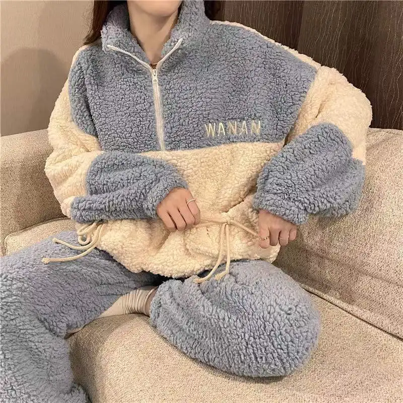 

2 Piece Pajamas Sets Women Coral Fleece Winter Thick Warm Berber Fleece Pyjamas Suit Nightwear Casual Home Clothes Soft Sleepw