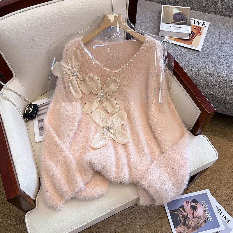 

Женский мохеровый Свитер оверсайз с V-образным вырезом, свободный трикотажный пуловер из искусственной норки розового цвета с объемными цв...
