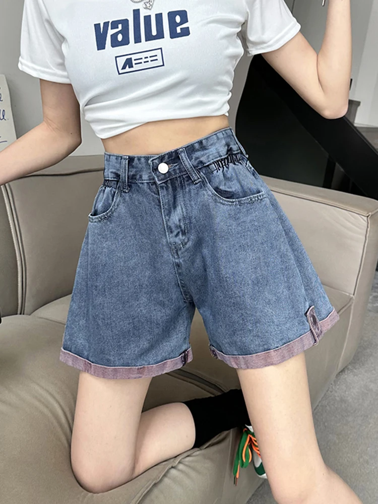 New Spring Summer Women Retro Elastic Waist Loose Denim Shorts Streetwear Female Wide Leg Jeans Shorts Bottoms