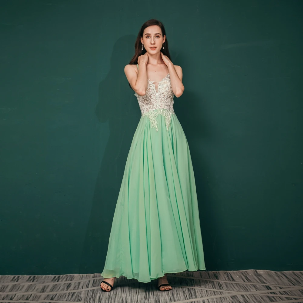 

Noble Spaghetti Strap Prom V Neckline Gown Slit Skirt Club Applique Cocktail Formal Party Lady Backless Evening Dress