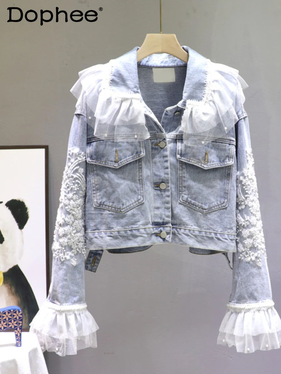 

Elegant Lace Embroidered Denim Jacket Women 2022 Autumn New Korean Sweet Doll Collar Flared Long Sleeve Loose Short Jeans Coats
