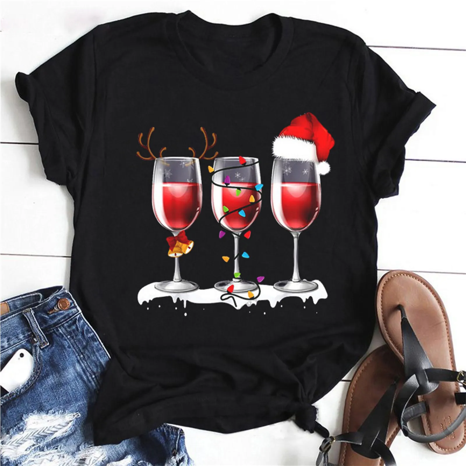 

Женская Повседневная Рождественская рубашка, футболка с круглым вырезом и рождественским принтом, топ с коротким рукавом, повседневные Мод...