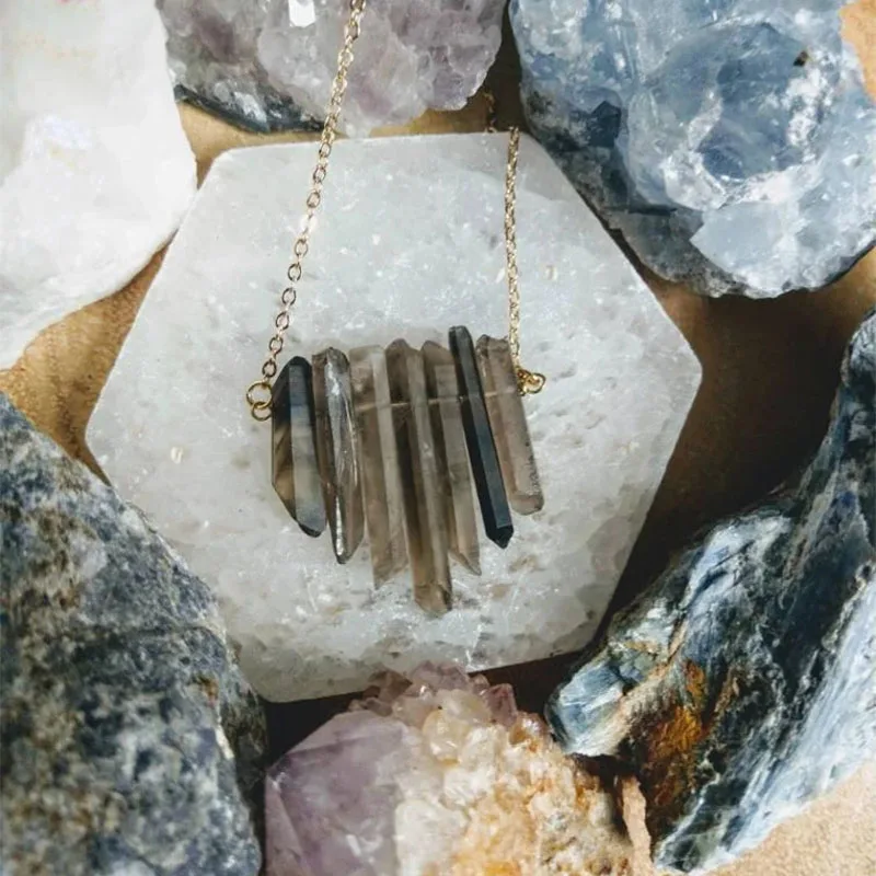 

Smoky Quartz 6 point stone bib necklace Crystal Beautiful unique crystal necklace