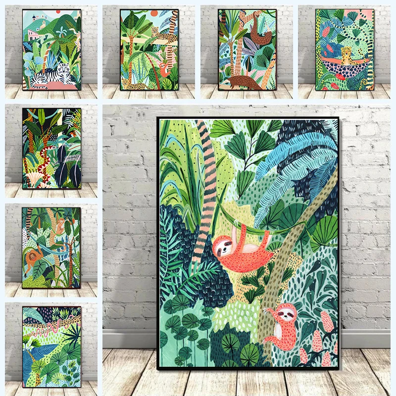 

Природа Лес Животные холст печать стен Искусство Живопись Леопард Ленивец змея постер домашний декор для детской комнаты