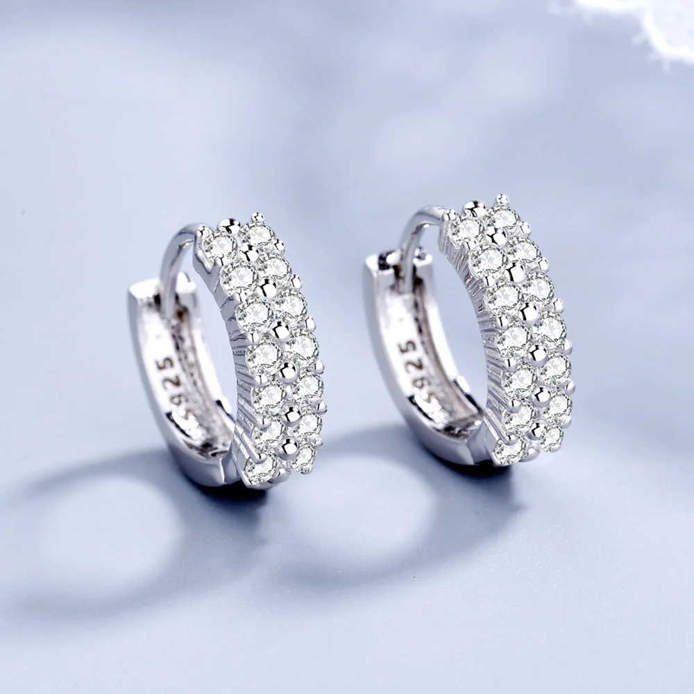

JewelryTop store 925 Sterling silver needle Earrings Fashion High Quality Jewelry Double Row Crystal Zircon Round Stud