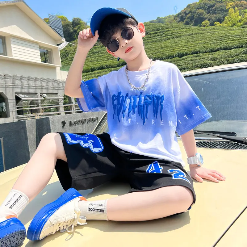 Big Boys Summer Tie-Dye Clothing Suits 4-14 Years Kids Teenager Cotton Letter Print Short Sleeve Tshirts+Shorts 2PC Clothes Sets