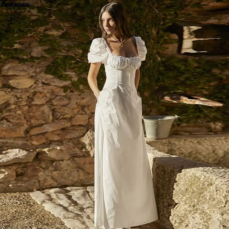 

Summer new women's fashion casual puffed sleeves solid color lace waist slim-fit dress