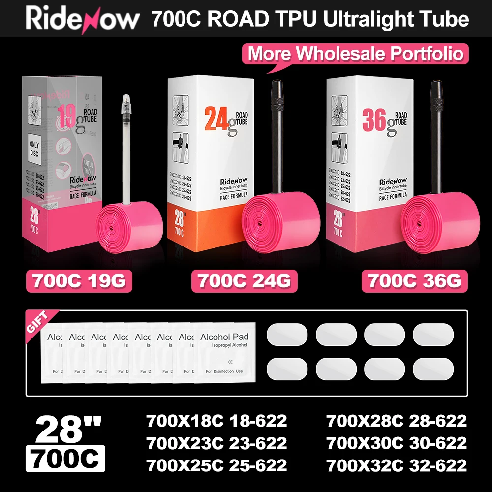 

RideNow Ultralight Bike Inner Tube 19/24/36g 700 x 18 23 25 28 32C Road Bicycle Wheelset TPU Material Tubes SV 45/65/85mm Valves