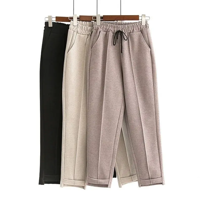 

Бежевые шерстяные шаровары для женщин, корейские новые осенне-зимние облегающие черные Капри, простые повседневные брюки, женские брюки Q561