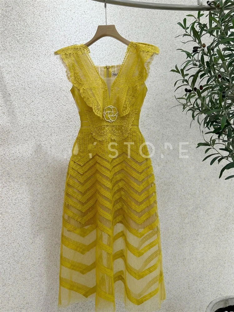 Женский Винтажный кружевной сарафан без рукавов однотонное платье абрикосового