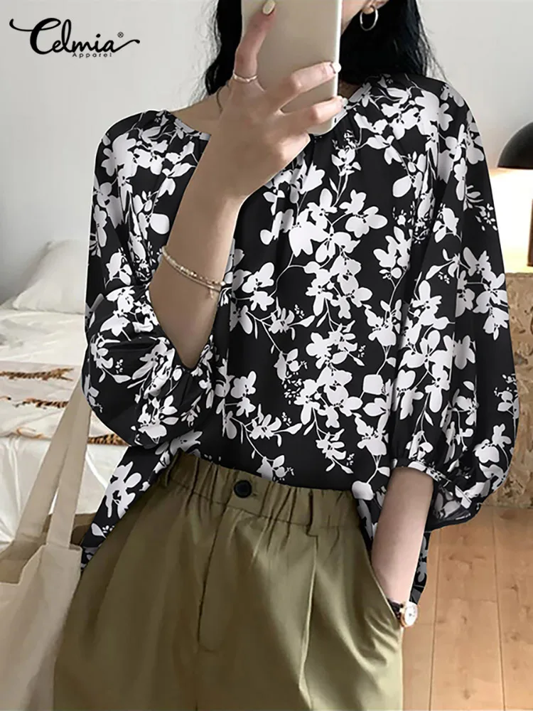 

Модная женская блузка Celmia 3/4 с пышными рукавами, свободные офисные Блузы для отдыха с круглым вырезом, винтажные женские ретро топы с цветоч...