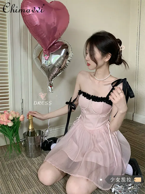 

Sweet and Spicy Pink Suspender Dress Women's Summer New French Socialite Birthday Little Dress Princess Short A- Line Dress