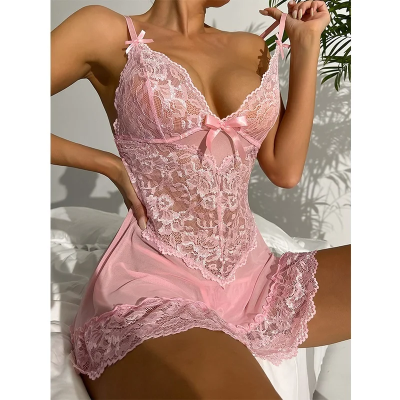 

New Sexy Women& Nightwear Sex Lace Night Dress Lingerie See Through Sleepwear Nighty For Ladies Hot Romantic Pink Nightie