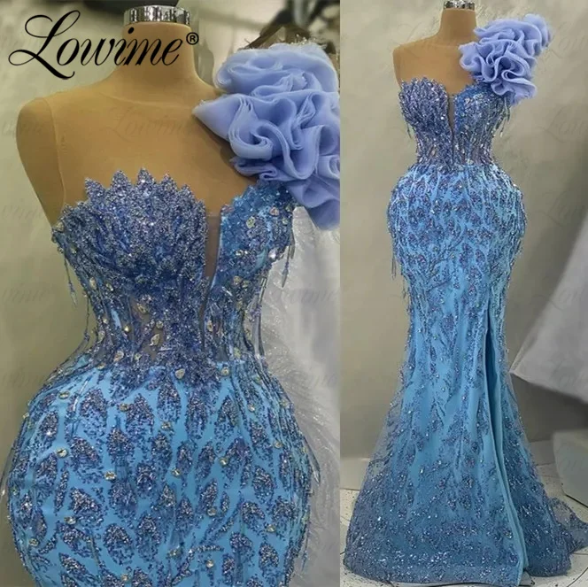 

Lowime Elegant Blue Evening Dress Mermaid Beaded Crystals Blue Party Dresses For Wedding 2023 Customized Long Arabic Prom Gowns