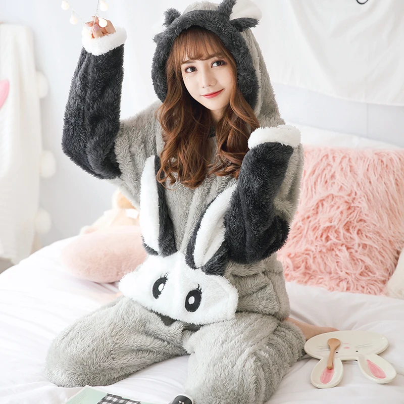 

Women Warm Home Suit Kawaii Flannel Pajamas Girls Winter Home Clothes Bear Pocket V Neck Pijamas Pyjamas Sleepwear Cute