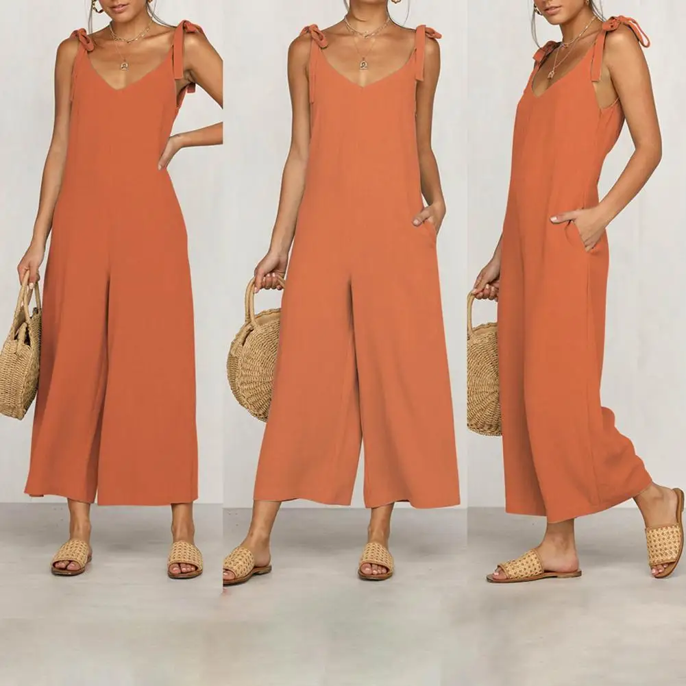 

Popular Quick Drying Low Cut Tie Belt Design Strap Jumpsuit for Daily Life Lady Jumpsuit Sleeveless Jumpsuit