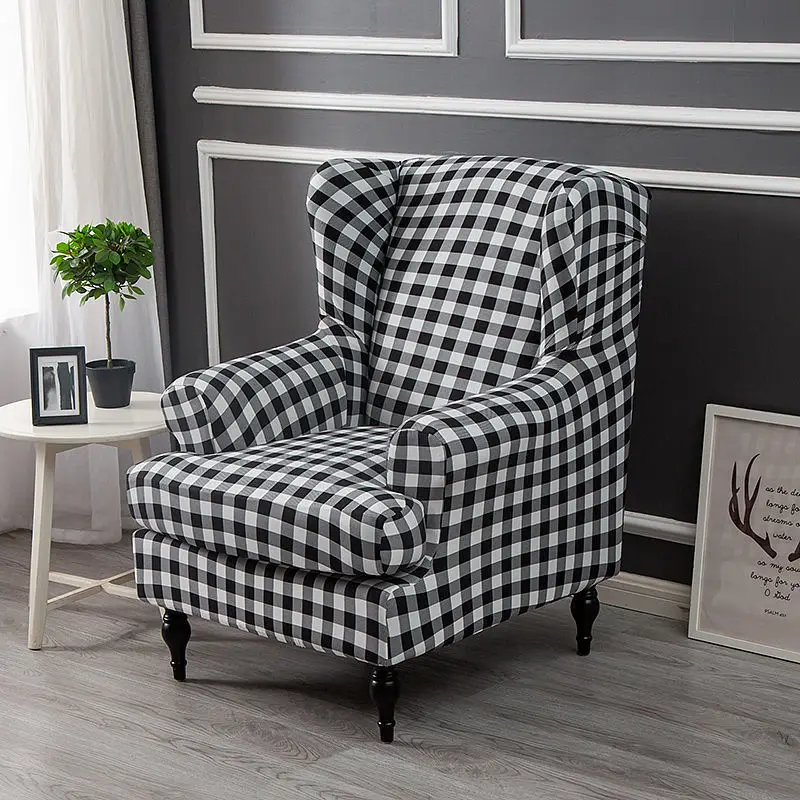 

Plaid High Back Slant Arm King Back Chair Cover Elastic Armchair Wing Back Wing Sofa Back Dining Chair Cover Stretch Protector