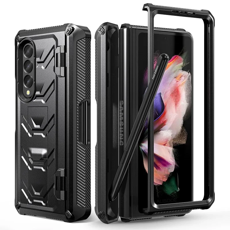 

Capa For Samsung Galaxy Z Fold 3 4 5 Fold5 4 3 5G Case Hinge Pen Slot Front Glass Film Kickstand Hard PC Cover Fold 3 4 (No Pen)