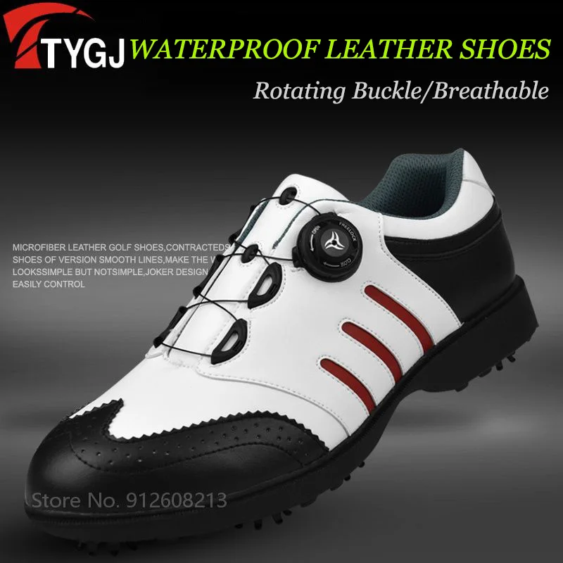 TTYGJ Male Professional Golf Sneaker Men Waterproof Leather Golf Shoes Man Anti-skid Nail Sports Footwear Rotating Knob Trainers