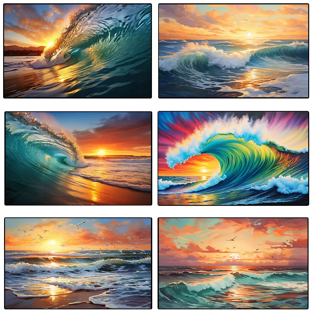 

Modern Beach Ocean Sunrise Dream Blue Water Huge Sea Waves Splashing Wall Art Landscape Poster Prints Canvas Painting Home Decor